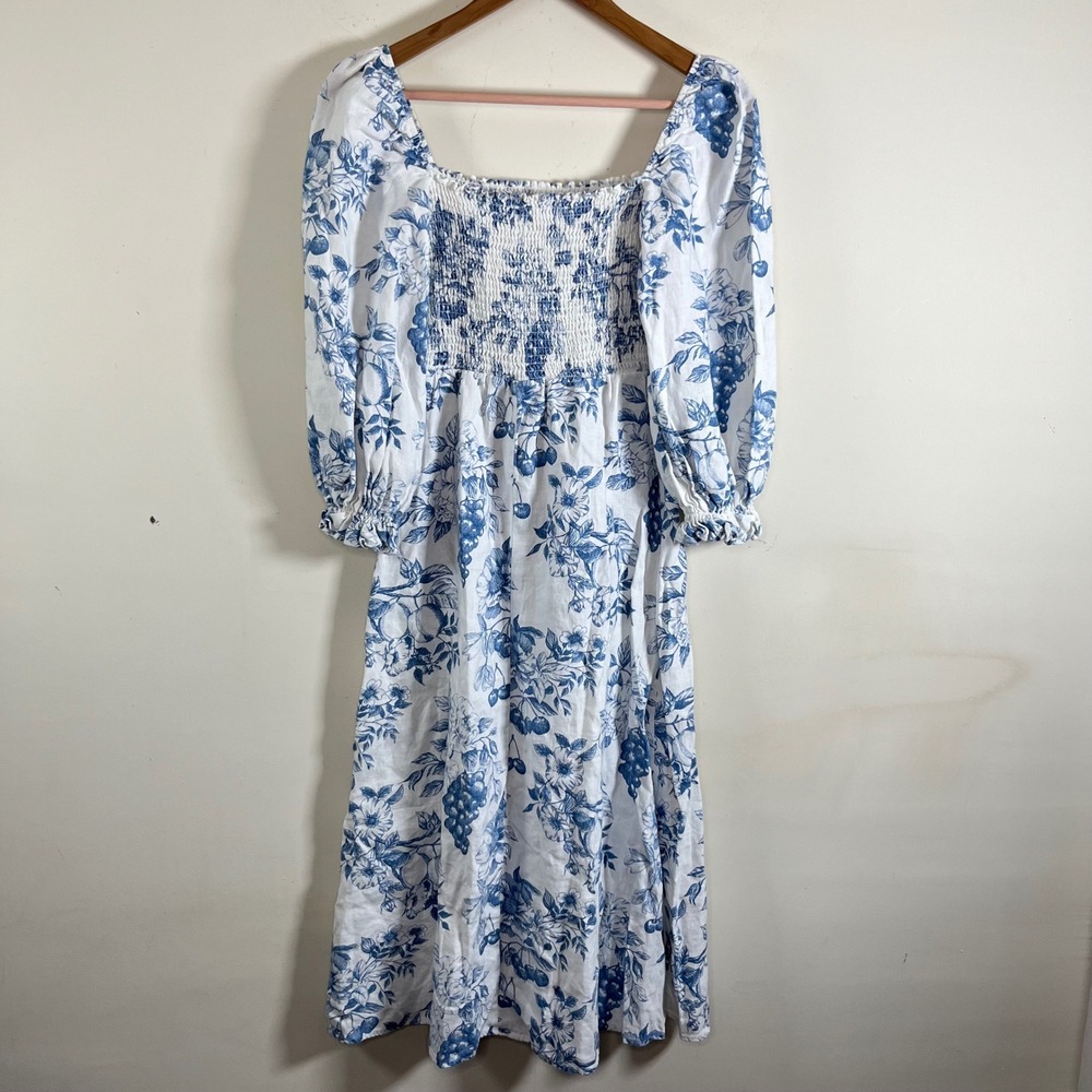 Reformation Gitane Shirred Floral Print Linen Midi Dress Blue White Size Small - Picture 5 of 6